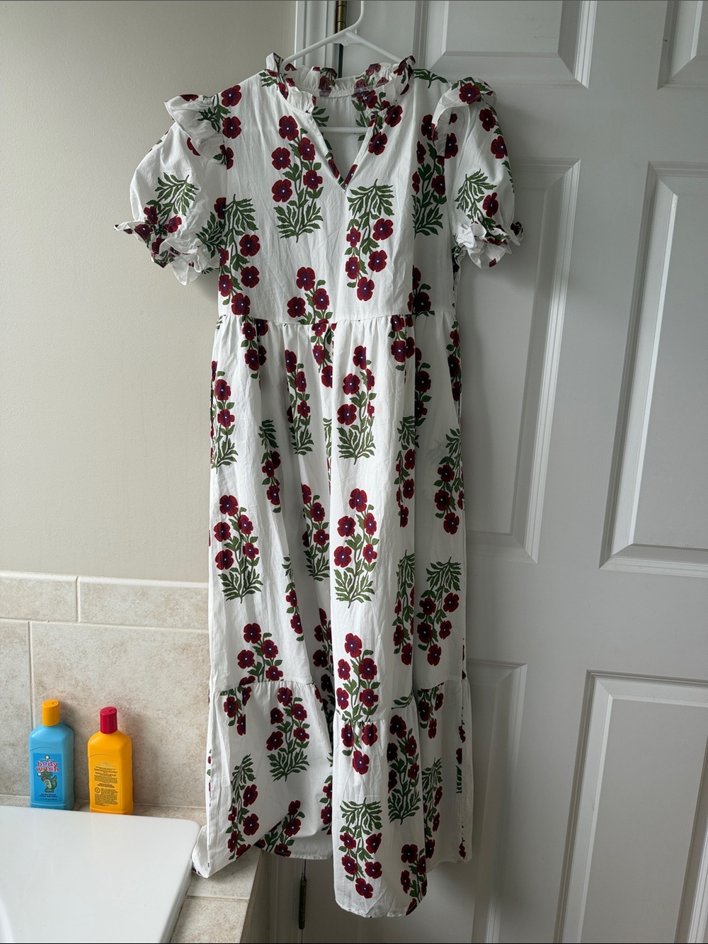 White Floral Tiered Maxi Dress with Red Flowers